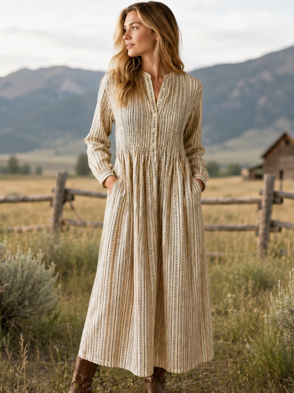 L.L. Bean Prairie Dress M 100% Cotton Ivory Blue Pintuck Cottagecore Western